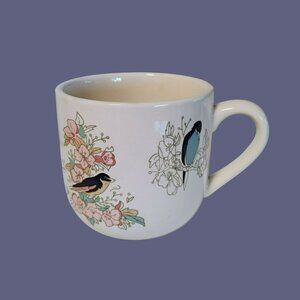 Vintage Shabby Chic Ceramic Coffee Mug, Large, Pastel Floral Bird Cottagecore